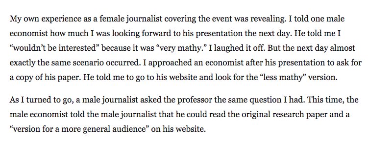 Every economics journalist has a story of being math-splained by an economist.
Those stories are far, far worse for women in econ journalism -- and men don't get the bonus creepy personal questions women do -- as this brave @byHeatherLong story details. https://www.washingtonpost.com/business/economy/please-listen-to-us-what-its-like-being-female-at-americas-biggest-economic-conference/2019/01/18/4809c294-1b47-11e9-88fe-f9f77a3bcb6c_story.html?utm_term=.d94ce5cdc993 …