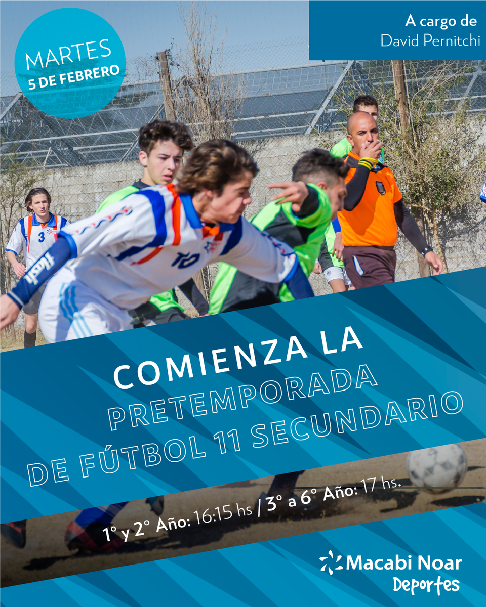 macabinoar's tweet photo. Comienza la pretemporada de fútbol 11 secundario en Macabi Noar! Anda agendando la fecha: Martes 5 de febrero! Clases a cargo del Prof. David Pernitchi. Sumate a representar los colores de Macabi Noar en la LEFI! ⚽💪
#DeporteMN #FutbolMN #MN2018 https://t.co/MhbbdIgmwU