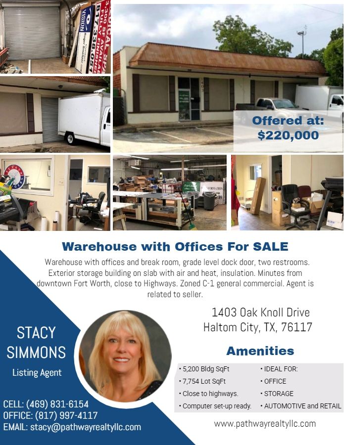 RealtyPathway's tweet image. Warehouse with offices and break room, grade level dock door, two restrooms. Exterior storage building on slab with air and heat, insulation. Minutes from downtown Fort Worth, close to Highways. Zoned C-1 general commercial. Agent is related to seller.