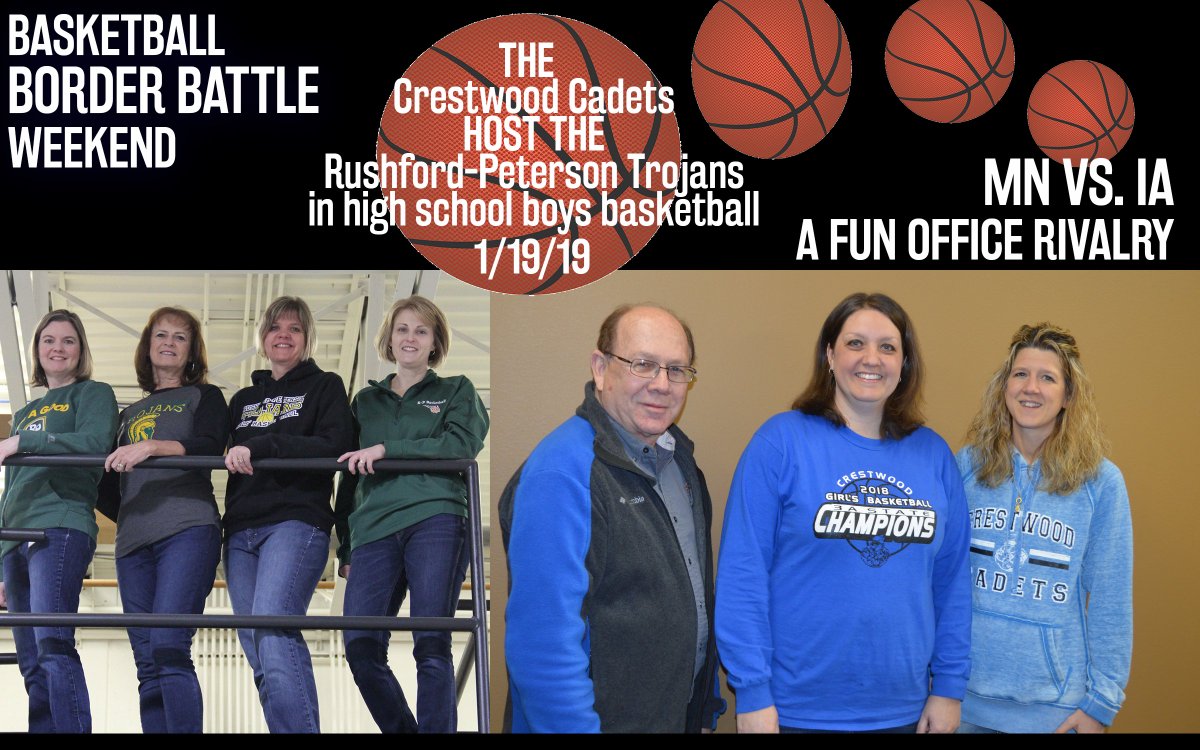 MiEnergyCoop's tweet photo. Gearing up for the border battle game tomorrow in Cresco. The Crestwood Cadets will host the Rushford-Peterson Trojans in high school boys basketball. #BorderBattle #FriendlyOfficeRivalry #MNvsIA #GoTrojans #GoCadets https://t.co/54B68kMlCN
