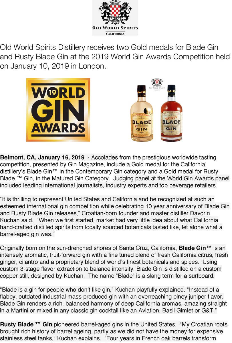 bladegin's tweet image. Honored for @oldworldspirits @bladegin and @rustybladegin winning two Gold Medals at prestigious International Gin Competition in London   pr.com/press-release/…
