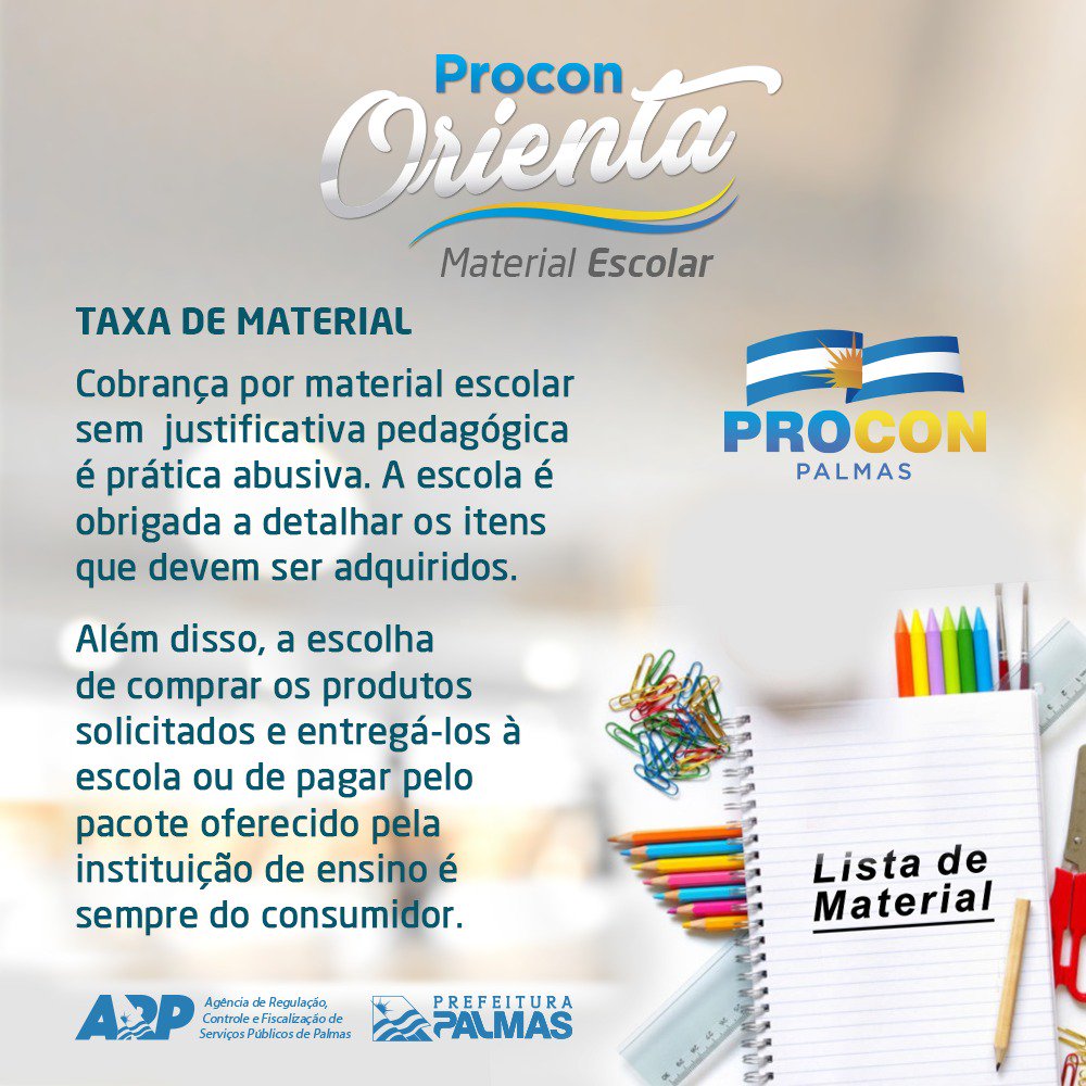 cidadepalmas's tweet photo. Atenção pais e responsáveis para o #ProconOrienta de hoje . Fique de olho na lista de material exigida pela instituições, pois itens sem justificativa pedagógica não são permitidos e você pode recorrer. https://t.co/33OMJ2mJID