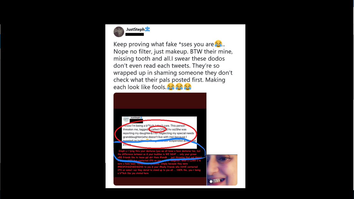 FactsDontLiePpl's tweet photo. Seriously Steph?! You reply defending your teeth?!!
The point of my post was u r #LYING abt some1 contacting CPS on u & yr daughter. I'm gonna go back to calling u #SimpleSteph cuz u r a #simpleton at times #holychit https://t.co/Ffh6bTinj4