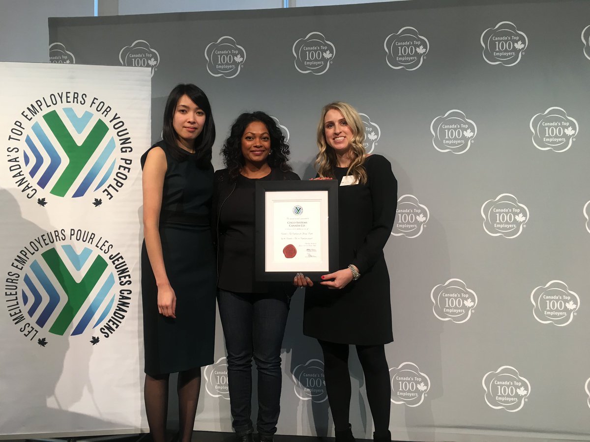 CiscoCanada's tweet image. Our @ErinGertner and @NickiSabaHRGal accepting Canada’s @Top_Employers award for Young People in Toronto. #WeAreCisco
