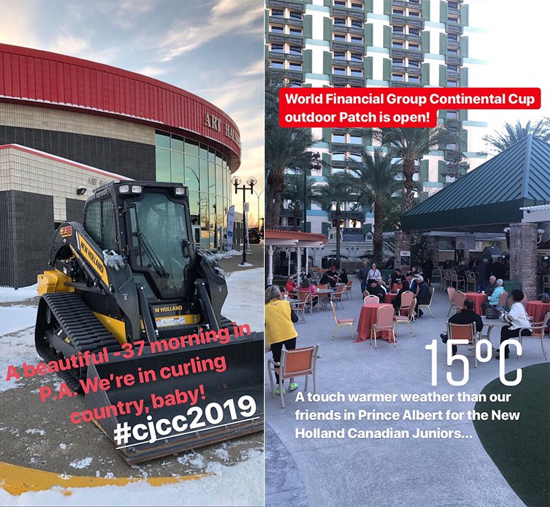 There’s a SLIGHT difference in temparture at our two ongoing championships 😬 But the curling is outstanding no matter what the tempature is outside. #contcup2019 #cjcc2019