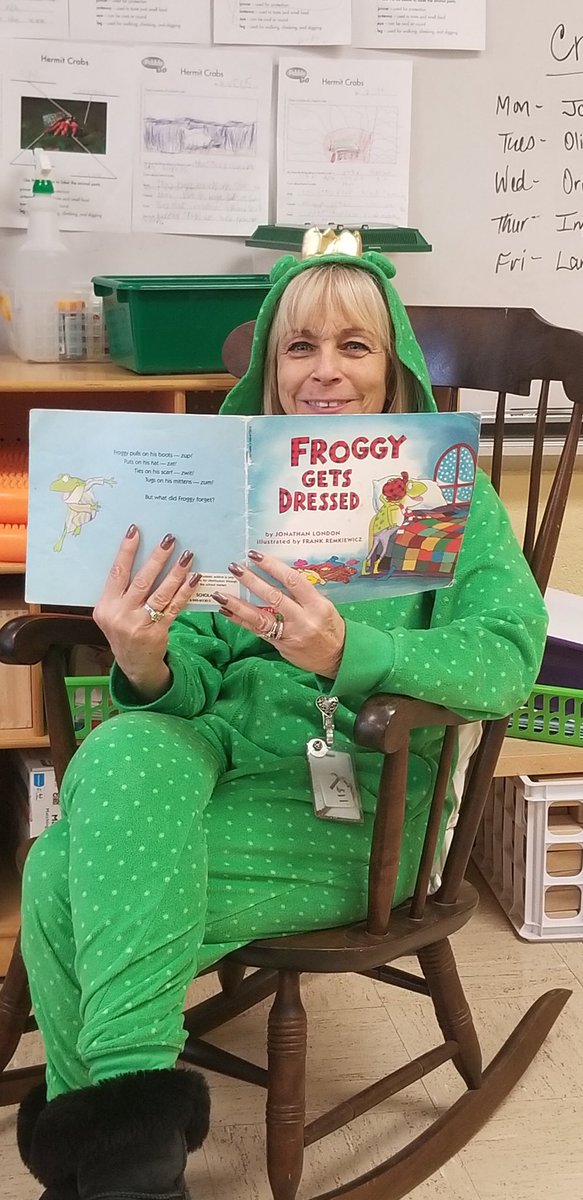 Celebrating my favorite book character day by reading my favorite Froggy book to my ENL students !