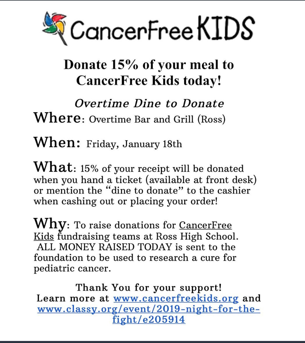 BEmenaker's tweet photo. Don't forget, @RossRams1 @RossRamsSupt, today is dine to donate at Overtime! Today's special is lasagna, salad, &amp; bread for $7.95! Be sure to mention CancerFree Kids so your donation is made! Check out the menu! Thanks for your support! https://t.co/YR0I6gYGLE