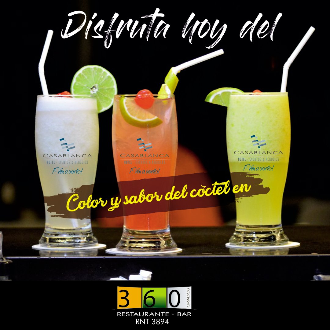 Hoy es #Viernes, el plan ideal es disfrutar del color y sabor de un delicioso #Cóctel, con la mejor vista de la ciudad en nuestro #RestauranteBar360° del #HotelCasaBlanca, acompañado del sabor de una deliciosa #hamburguesa #picada
https://t.co/Z4Vw0KDmuh https://t.co/HvrDkVVSHE