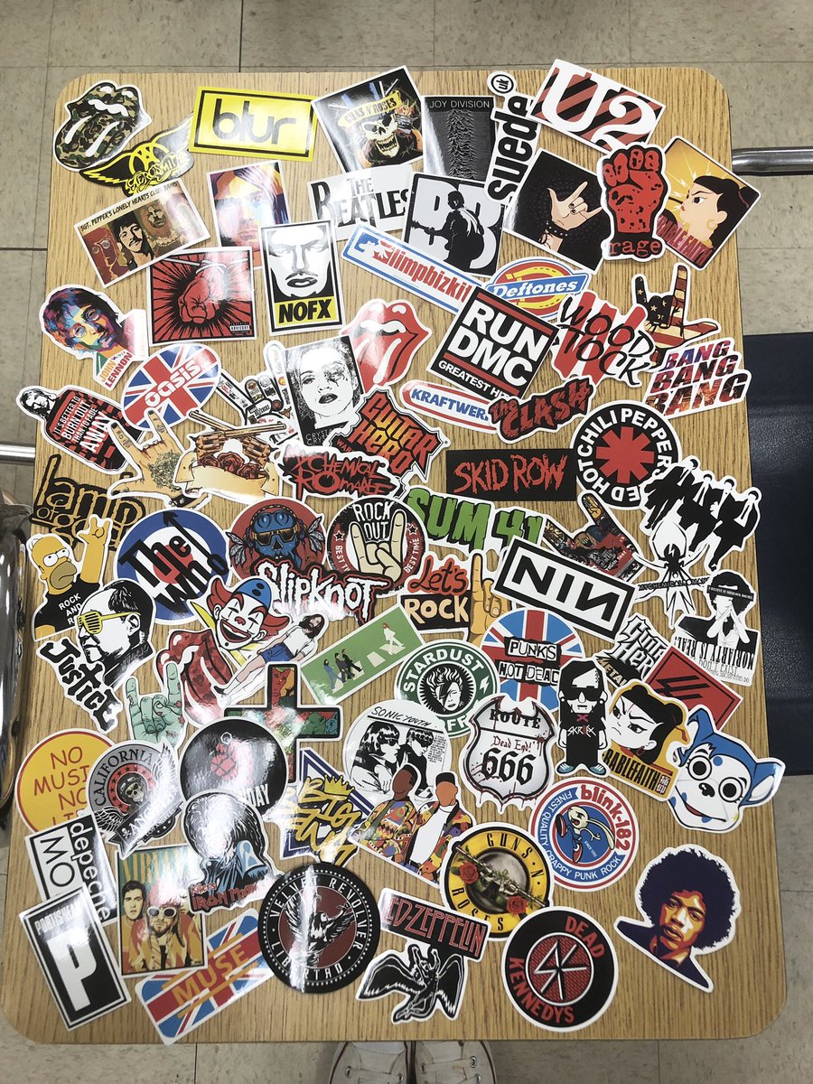 JLDougherty's tweet photo. New Chromebook stickers are here! Band/music and Tropical themed this time. Iβm ready give them away as prizes next week. Be ready for some competition! #LITerature #GameTime #StickerCrazy π€π»πΈπ΄π https://t.co/Ec04oeLEZ7
