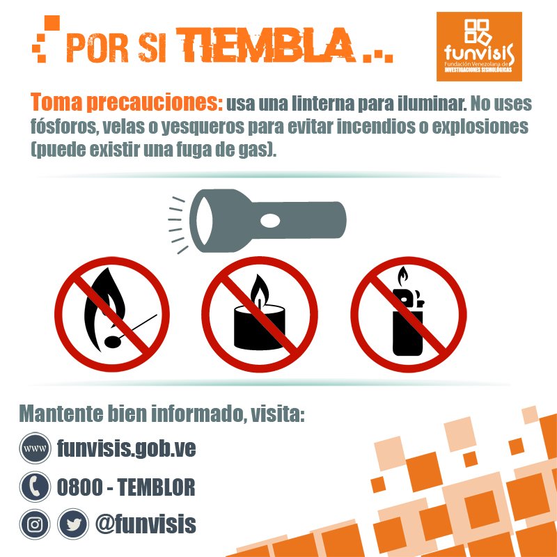 FUNVISIS's tweet photo. Luego de la ocurrencia de un temblor pudiera presentarse fugas de gas, por lo que encender fósforos, yesquero o una vela no es la mejor opción. En esos casos, una linterna debe ser la única alternativa. #PorSiTiembla https://t.co/XLdT5Opi1N