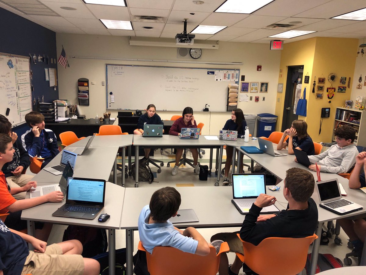 uschoolmiddle's tweet image. Students engaged in a Harkness discussion about border walls &amp;amp; immigration- using evidence &amp;amp; current events to support claims. While many of us are  divided on these issues, our HumanGeo Sharks 🦈 came together respectfully &amp;amp; engaged in civil &amp;amp; meaningful discourse. @uschool_nsu