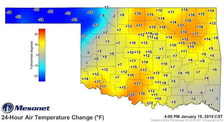 okmesonet's tweet image. Nice temperature warmup today in the main part of the state with the full sunshine conditions.  Cold front already impacting the panhandle at 4pm.