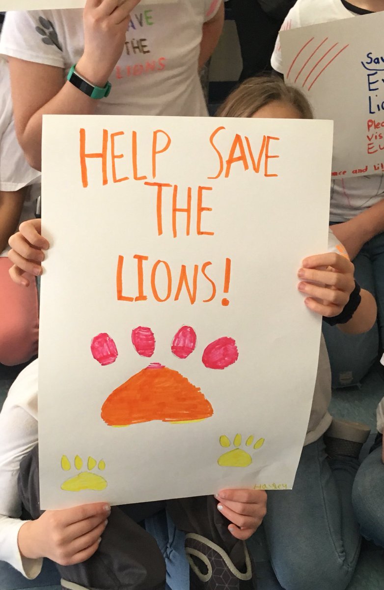 Katewhipple18's tweet photo. Teaching kids to care...These kids are learning to care and get the word out that lions need our help! We can work to conserve the lion population and other large carnivores by promoting co-existence between people and wildlife. @EwasoLions  #ExplorerClassroom #NatGeo https://t.co/t4027t8frt
