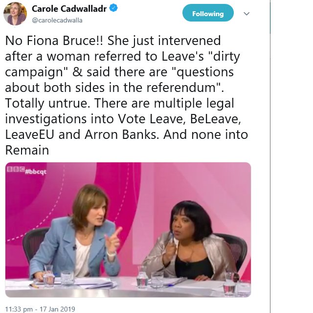 Fiona Bruce started her right-wing BS on BBC Question Time right from the start... This tweet from Carol Cadwalladr was a response to her second appalling appearance presenting the BBC programme. #BBCQT