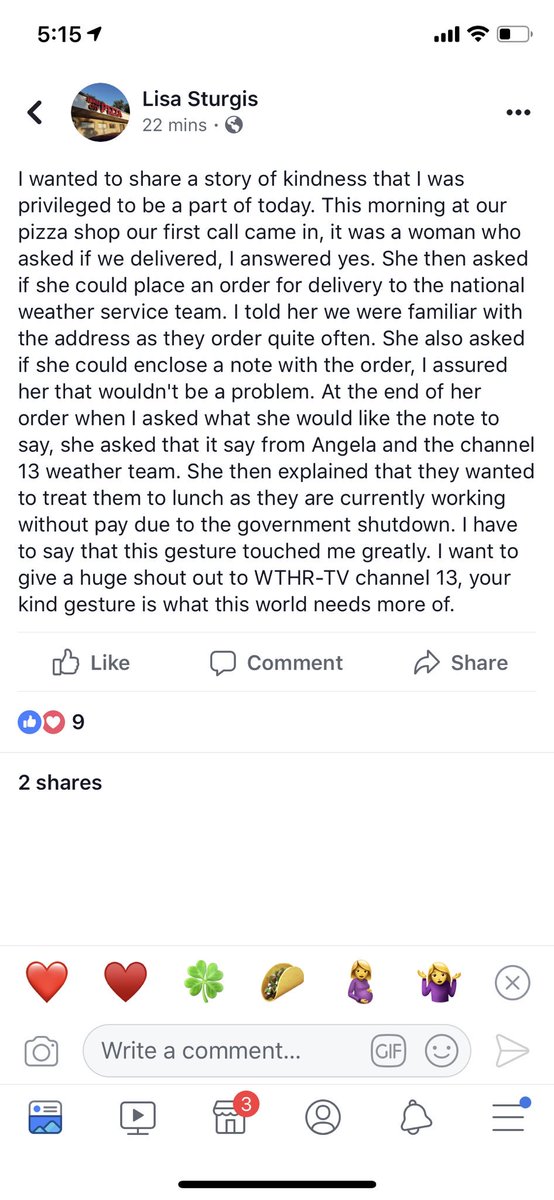 <a href="/WTHRcom/">WTHR.com</a> <a href="/angelabuchman/">Angela Buchman</a> <a href="/ChuckWTHR/">Chuck Lofton</a> @KellyGreeneWTHR @SeanWTHR #SkyTrak13 shoutout to WTHR’s Weather Team! #GovernmentShutdown #furlough my family is affected by this &amp; this is an amazing gesture. It’s hard, but this gives me hope for cool people like you! ❄️