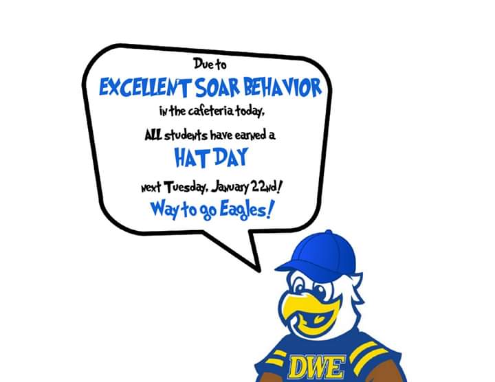 DWE_PTA's tweet photo. Good Evening #DWEeagles  Families!
ALL our Eagles earned a Hat Day next Tuesday for EXCELLENT SOAR BEHAVIOR in the cafeteria today!
Way to go Eagles! https://t.co/X96rQqpljn