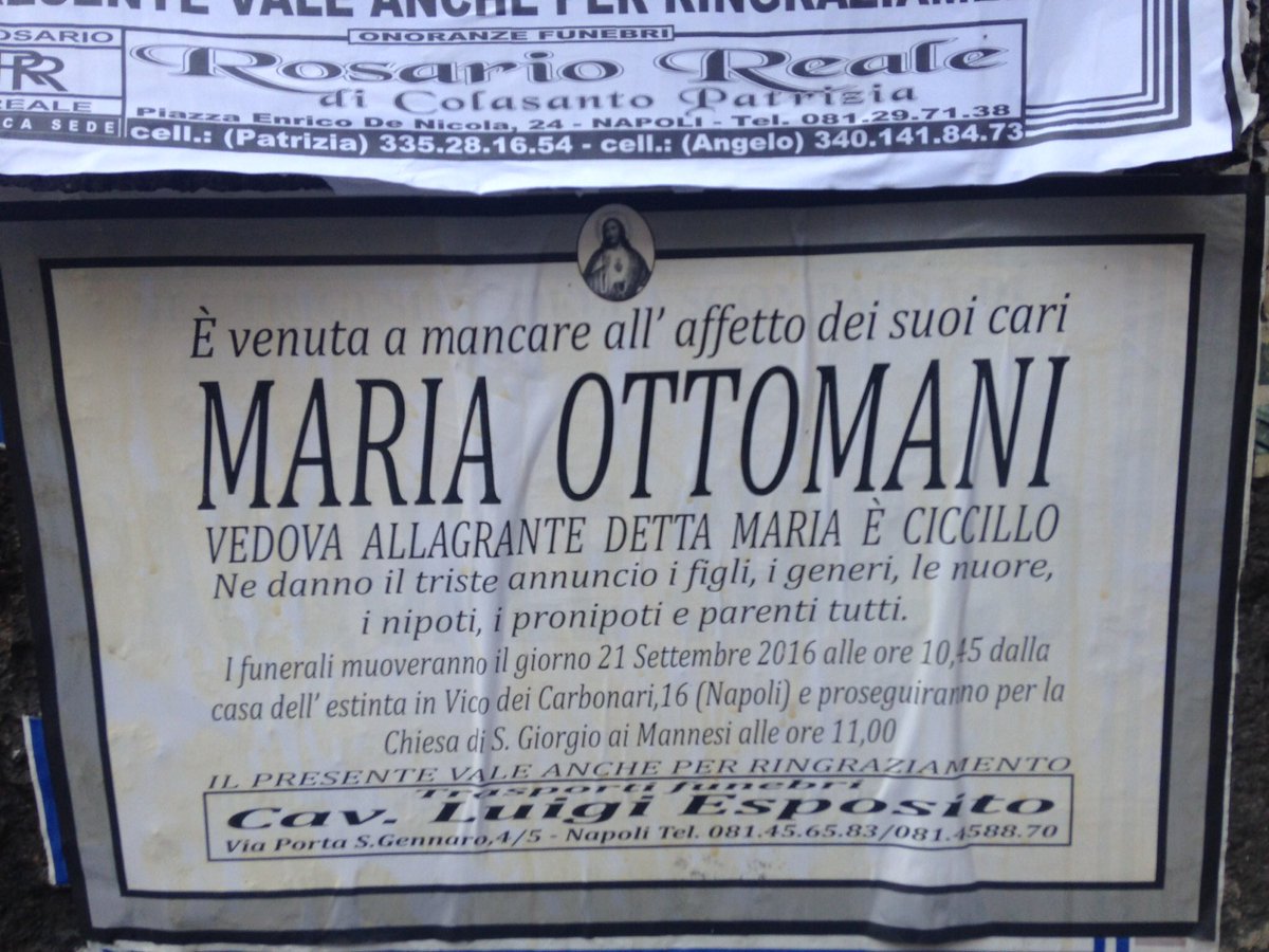 CarloOttaviano's tweet photo. Qualche anno fa a Napoli mi ero divertito (mi scuso con i parenti) a fotografare i manifesti funebri con i soprannomi dei “cari estinti". Ora scopro che c’è un libro che ne riproduce tanti. Dal Venerdì di Repubblica https://t.co/8j0AdJpPhd