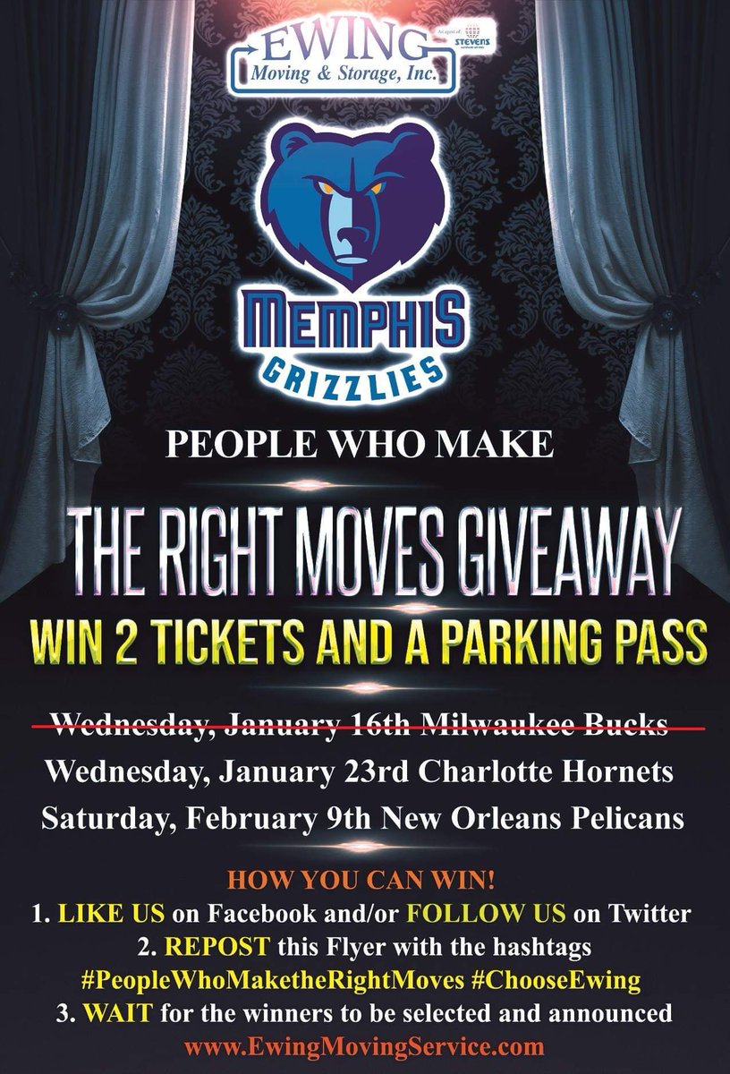 There's still two chances to win tickets to see the @_memgrizzlies_. Be sure to LIKE or Follow our Facebook or Twitter page and then repost and retweet this flyer with the hastags #PeopleWhoMaketheRightMoves #ChooseEwing. Be sure to tag us!! Good Luck!