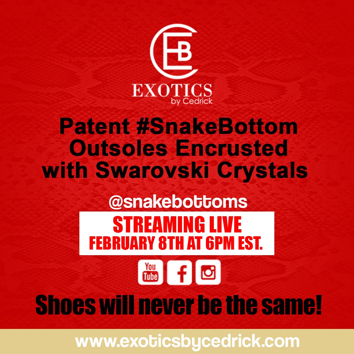 TheMediaModel's tweet photo. #SnakeBottoms #ExoticsByCedrick #NYFW #Fashion #Shoes #Heels #ShoesForWomen #ShoesForMen #LuxuryShoes #StreamingLive #SnakeSkin #SwarovskiCrystals #LiveStream #Instagram #Facebook #YouTube #February #Events #NYC #Retailers #Buyers #Stylists #WardrobeStylists @snakebottoms https://t.co/EK6mrUD9ow