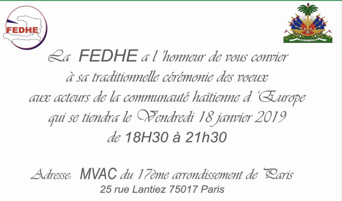 garry27assad's tweet photo. Cocktail des Vœux dela #FEDHE aux acteurs dela communauté haitienne d'Europe ce vendredi à Paris.1délégation des Missions Diplomatiques🇭🇹en 🇫🇷a fait le déplcemnt. Intervention par tél du @MHAVE_HT @TernierI .
1 #diasporahaïtienne forte/fédérée aidera mieux au devlpmt dupays! https://t.co/jQKBdhw0hn