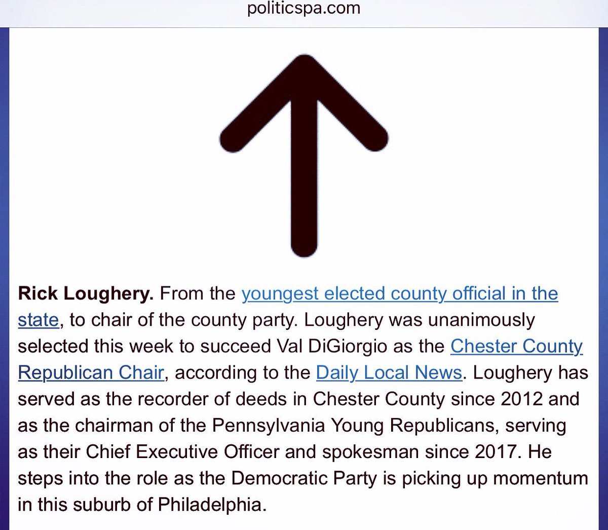 payrs's tweet photo. Our fearless leader @Rick_Loughery got an up arrow from the famous @PoliticsPA we are very proud of our State Chairman 😍🔥 #LeadRight #YRsWin https://t.co/wDZpQdqOu6