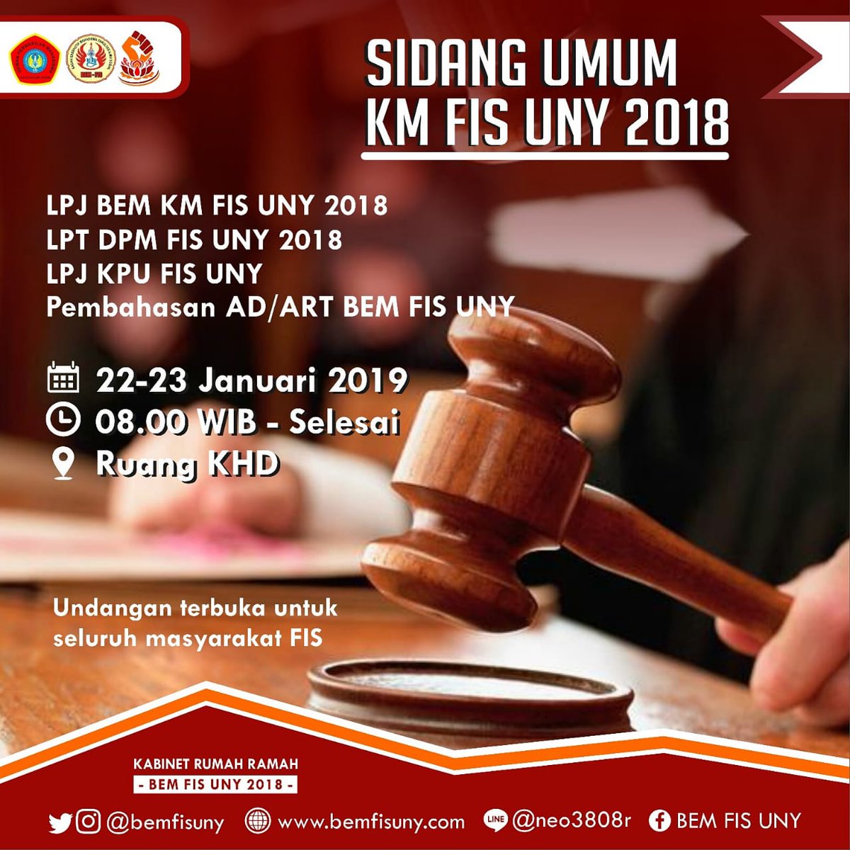 Assalamualaikum wr.wb.

Hadirlah dalam :
SIDANG UMUM KM FIS UNY 2018

📆22 -23 Jan 2019
⏰08.00-selesai
🏡R. KHD FIS UNY

Jadilah saksi dlm laporan pertanggungjawaban kami demi perubahan yang lebih baik

#BEMKMFISUNY2018
#DPMFISUNY2018
#FakultasIlmuSosial
#SalamSosial