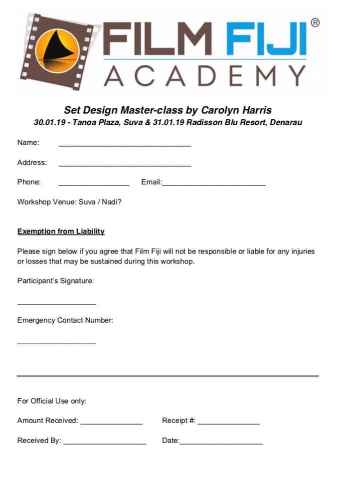 FilmCrewTrainer's tweet image. Registration form for our #Fiji #SetDecorating seminar. Contact @FilmandFiji ASAP to reserve your spot. 30 January in #Suva or 31 January in #Nadi.

#FilmFriday #Filmmaking #FilmJobs #filmmaking #filmcommunity #filmlover