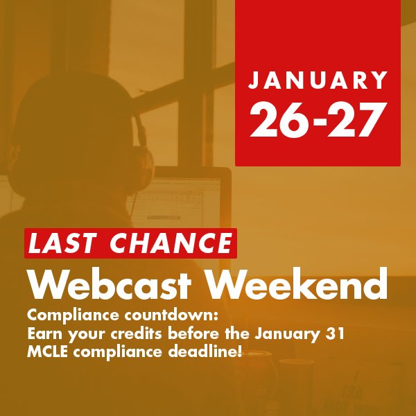 YolandaSFBar's tweet photo. #MCLE: Compliance Countdown: Webcast Weekend is 1/26-27   
If your last name starts with a letter between A-G, take advantage of our Webcast Weekend &amp; earn your credits from the comfort of your home/office before your compliance period ends on 1/31!
Info: https://t.co/DefUvRjzTo https://t.co/aCBabPgEpT