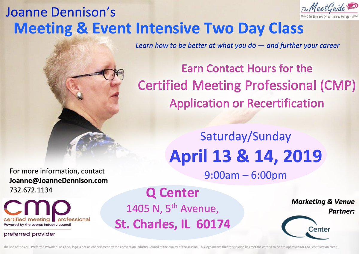 themeetguide's tweet photo. Registration is open for my next Meeting & Event Intensive Two Day CMP Class April 13-14, 2019, at Q Center in the Chicago area. Thank you @qcenteril for being our venue and marketing partner!
#CMP #cmpclass #qcenter #qcenteril https://t.co/0X7RCz6Kr4