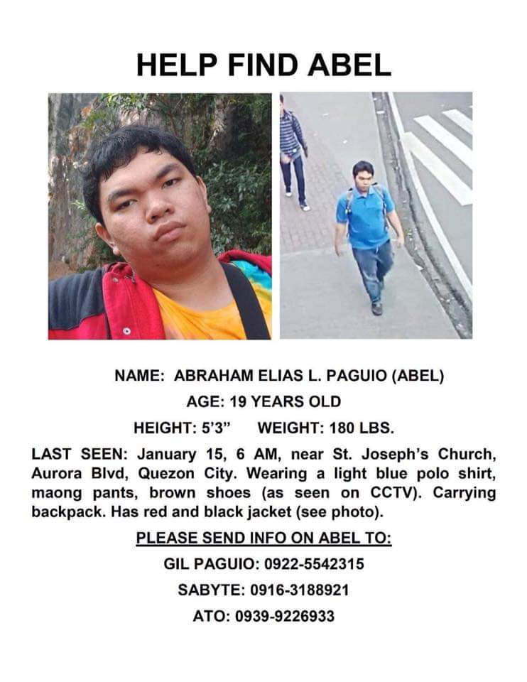 AnnieCalma's tweet photo. May i pls ask for your help, kindly RT this and #HelpFindAbel a UP Manila student missing since 15 Jan. SALAMAT! #ALDUBTogetherIsEnough https://t.co/VG2uPfX1xC
