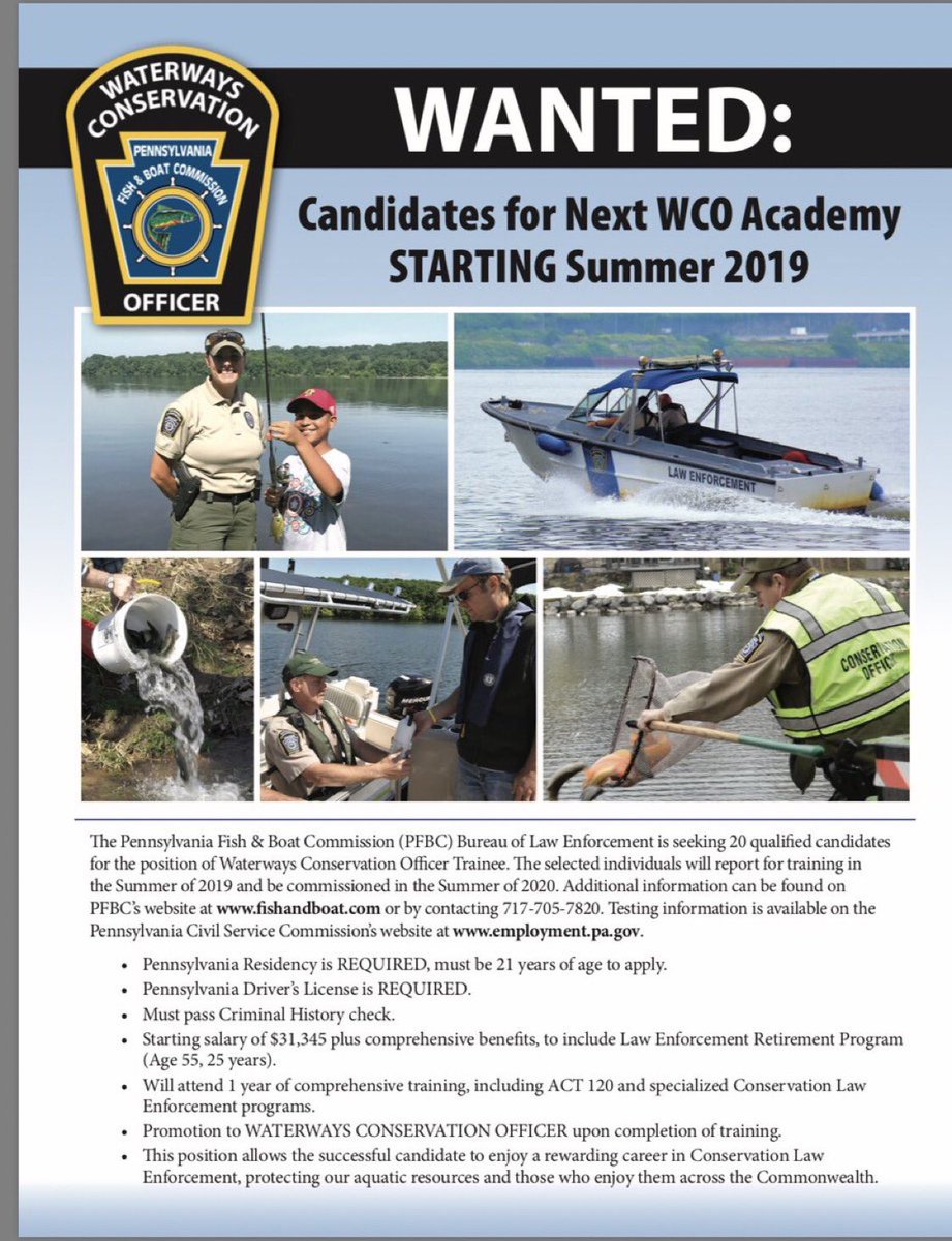 SGT_PFBC_SCR's tweet photo. Coming soon! Check civil service website for updates #22WCO @ColonelPFBC @fishandboat https://t.co/pzVg9dT3Go