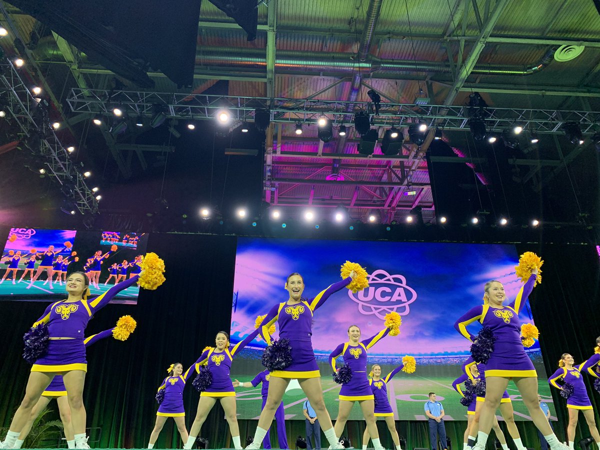 UCAupdates's tweet photo. Technique, Technique, Technique! The ladies of West Chester put on a strong performance in the #UCAGameDay finals! 💜💛 https://t.co/HxzB6LvPu9