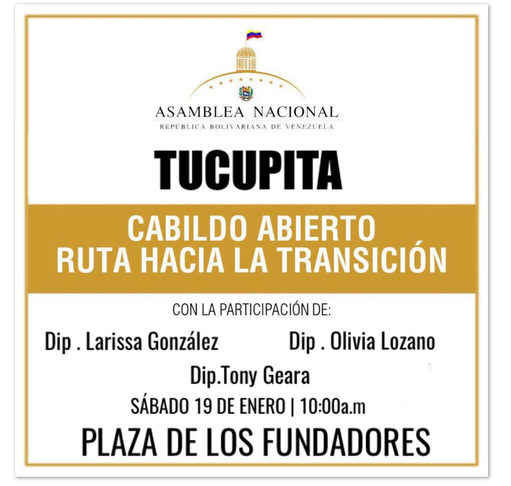 oliviaylozano's tweet photo. #18Enero | Les invito mañana 19 de Enero, a participar del Cabildo Abierto que se realizará en #Tucupita con la compañía de los Diputados @LarissaGonzale6 y @tonygeara a las 10:00 am en la plaza De Los Fundadores. #DeltaAmacuro #RumboALaTransicion #ANrespaldoMundial https://t.co/PEMg45ZD34