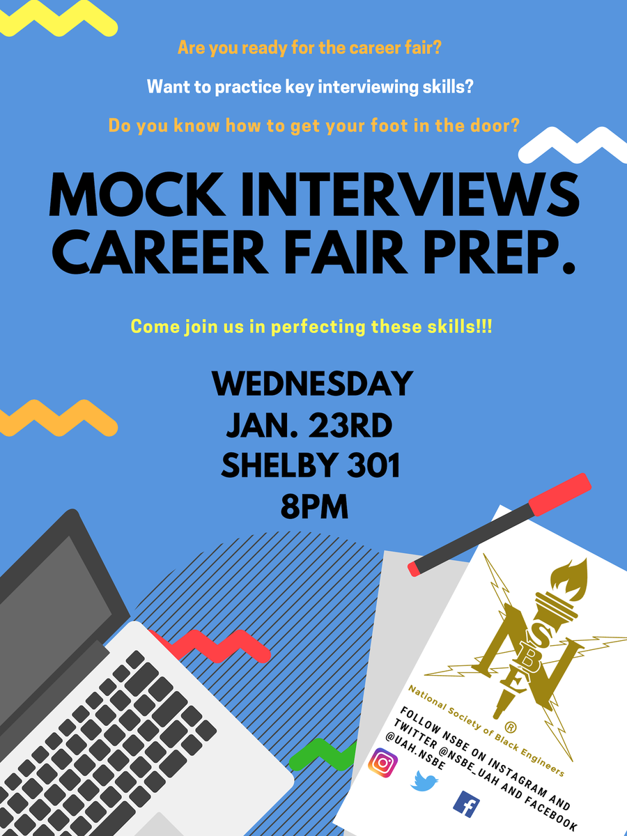 Nsbe_Uah's tweet photo. Do you want to practice key interviewing skills? Come join us in strengthening these skills in our mock interviews! We can't wait to see you there! 🤓

#NSBE #UAH https://t.co/aSo73lE0IU