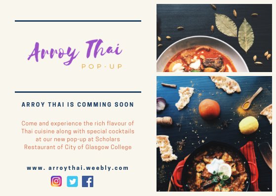 ArroyThai's tweet photo. Sawasdee! Welcome to Arroy Thai. One night at Scholars Training Restaurant @CofGCollege 
#restaurant #foodanddrink #event https://t.co/O1dyq1vXXf