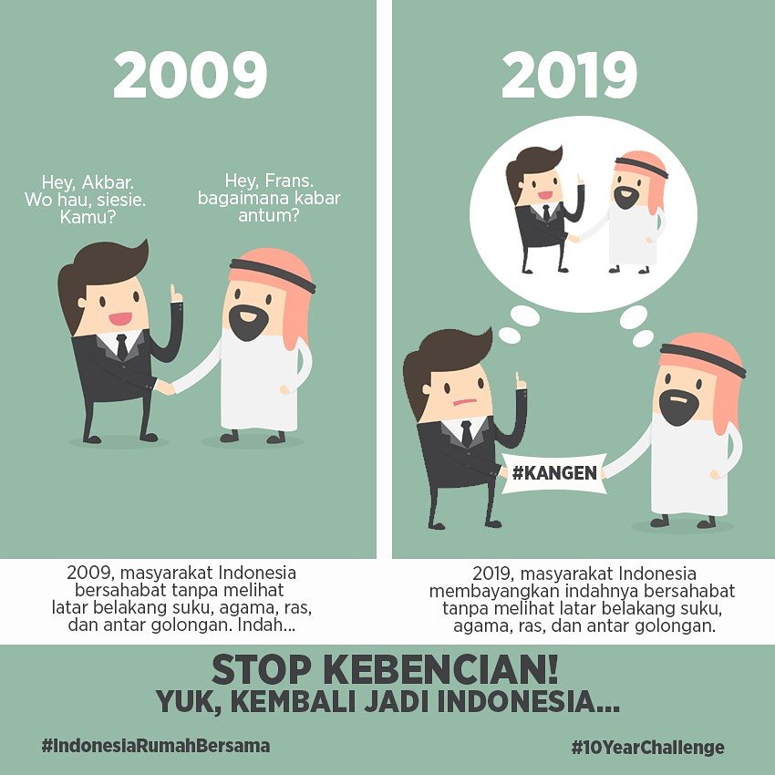 Yuk kembali jadi Indonesia. 
Buat twips yang sudah bosan dengan suasana kebencian dan bermusuhan, ayuk bergerak. Jangan dibatin aja. Kita banyak teman kok, nggak sendirian.