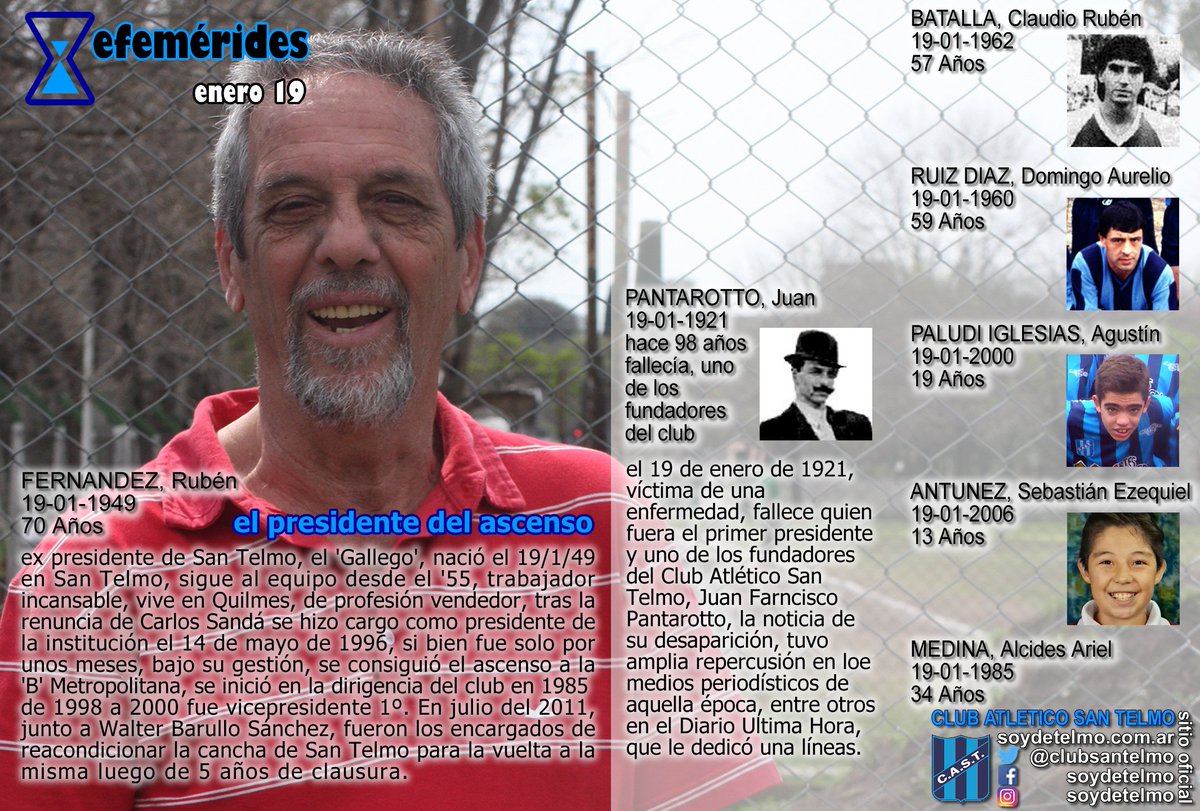 clubsantelmo's tweet photo. ⌛️ #Efemerides  20 de enero #soydetelmo 
🎂 #FelizCumple #RubenFernadez #Batall #RuizDiaz #Medina #PaludiIglesias #Antunez
🎚 Hace 98 años fallecía #JuanFranciscoPantarotto 
 👉 https://t.co/omp0CH49Lk https://t.co/vI4Nap5ugd
