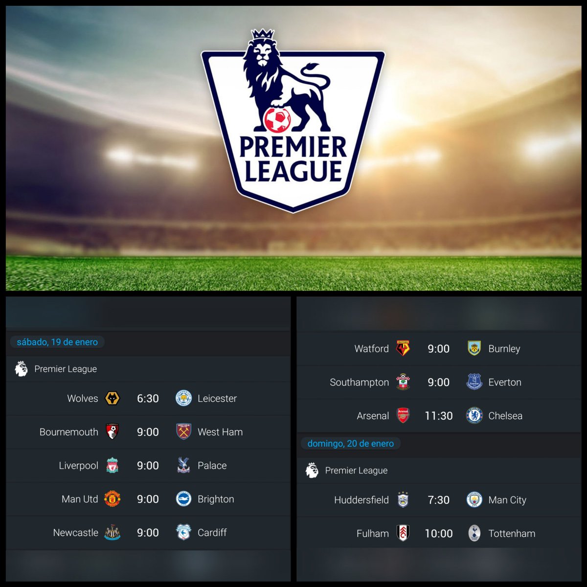 #PremierLeague Fecha 23 🏴
#Liverpool busca continuar sólido en el primer lugar cuando reciba al #CrystalPalace , el #ManchesterCity continúa al acecho y visitará al #Huddersfield , el #Tottenham que marcha tercero juega a domicilio ante el #Fulham
Días y Horas de CRC