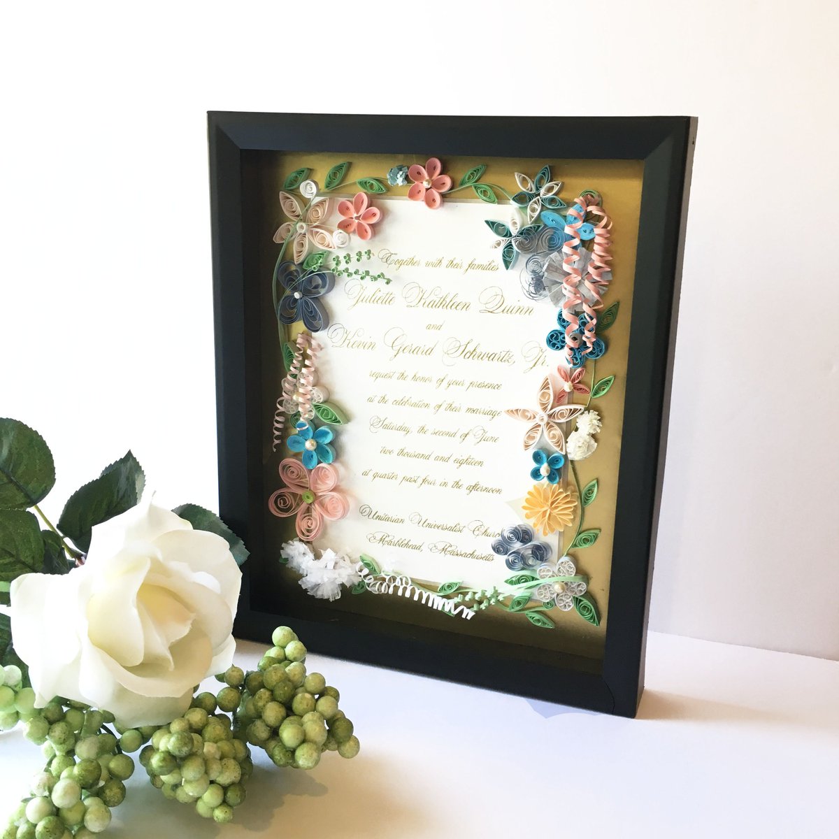 Floral and Gold Wedding Shadow Box - Wedding Invitation Keepsake - Personalized Wedding Gift - 1st Anniversary Gift - Paper Anniversary Gift etsy.com/PaperieFiligre… #anniversarygift #firstanniversarygift