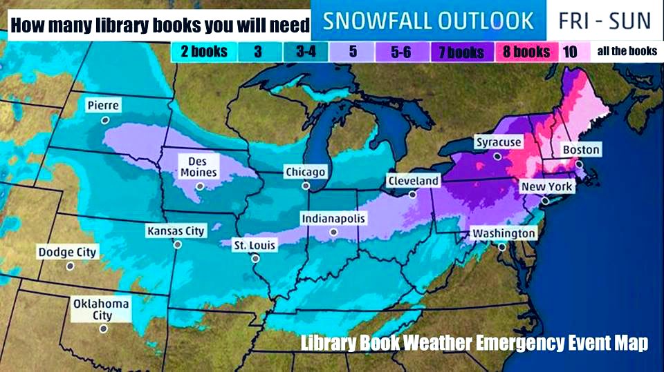 MsKrisReads's tweet photo. Love that the #friendsofthelibrary posted this today...looks like we need about 10 books this weekend. Thankfully I’ve got a long list of #toberead titles saved on @OverDriveLibs 😍📚#snowstorm #snowontheway #readallthebooks #FOLNashua https://t.co/8Hx39eQWVL