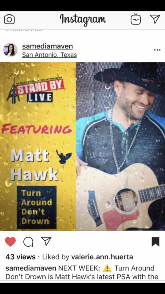 MattHawkMusic's tweet photo. Stay tuned in 7 days for a special interview by a powerhouse public figure Angelique Garcia.  #samediamaven #TurnAroundDontDrown #NOAA #SafetyFirst   #localtalent  #epiphoneacoustics #MattHawk #FeathersUpMyFriends #texasmusician #TexasMusic #sanantonioweather  #lytletexas https://t.co/IgXNnyHXrZ
