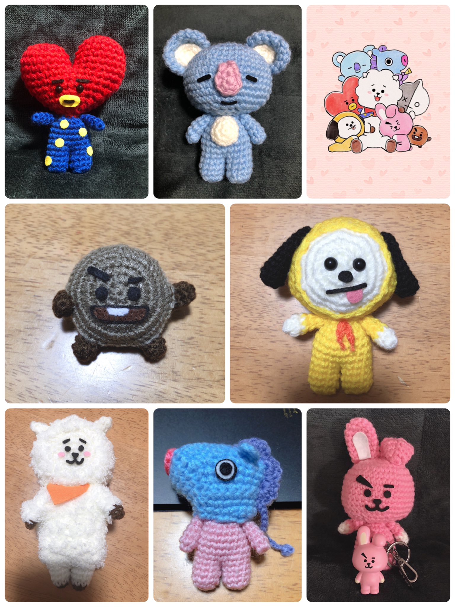 黒うさぎ Bt21のキャラクターのあみぐるみ 今まで作った子の写真まとめてみました あみぐるみ Bt21 Rj Koya Shooky Mang Tata Chimmy Cooky Handmade T Co Asam84m8g1 Twitter