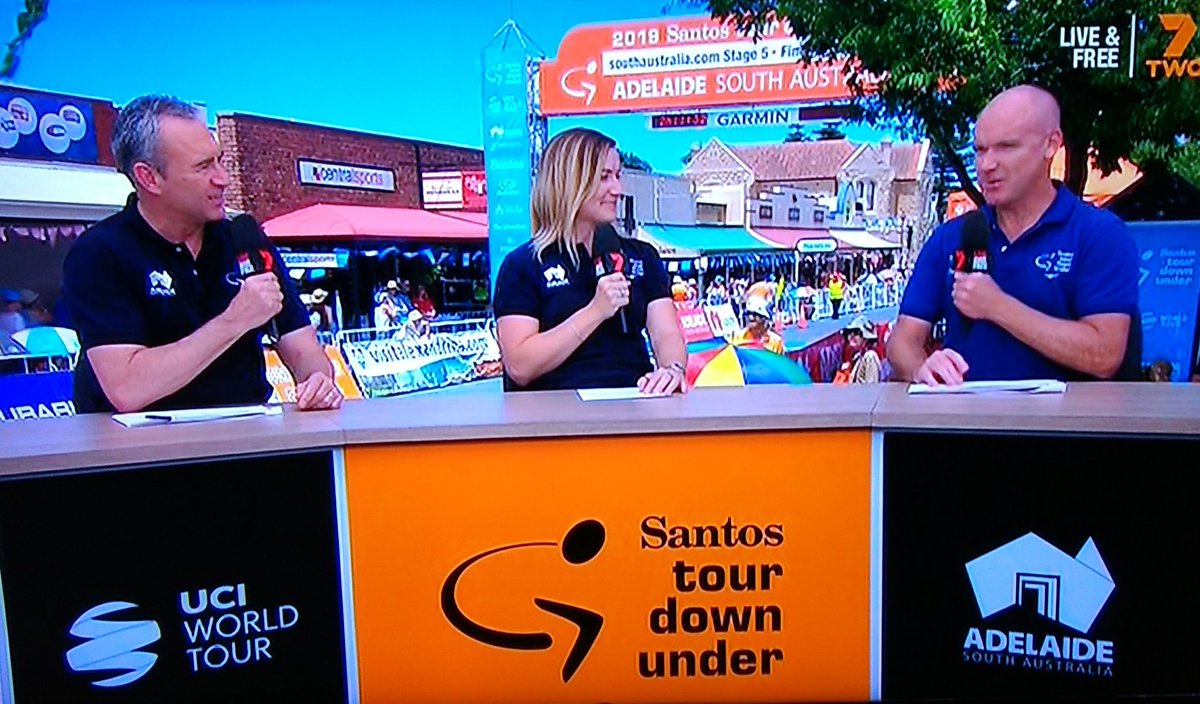 Great to see @StueyOG on the mike as @MummuCycling #champion with @MarkBeretta and @AnnaMeares @tourdownunder in #adelaide... #goodonoldtony Phew! Now, back to the race