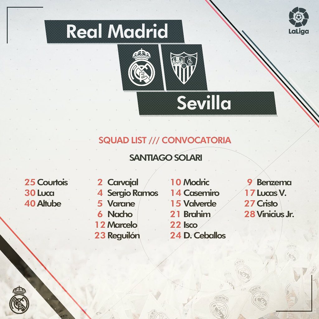 Convocatoria para el partido por #LaLiga:
#HalaMadrid #HalaMadridYNadaMás #RealMadrid #Madrid #RMCity #RMLiga #LaLiga