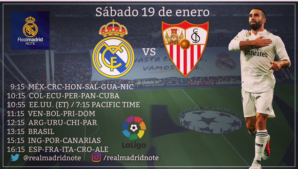 #LaLiga Santander - Jornada 20:
-REAL MADRID vs Sevilla
-Sábado 19 de enero
-Estadio Santiago Bernabéu, Madrid
-Horarios:
#HalaMadrid #HalaMadridYNadaMás #RealMadrid #RMLiga #LaLiga