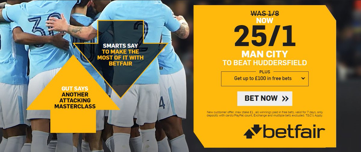 Betting With Betfair #ManCity To Win @ 25/1
▪️Huddersfield vs Manchester City
▫️New Customers Enhanced Odds +£100 in free bets
▪️#PremierLeague #EPL #MCFC
▫️ Man City To WIN @ 25/1 Offer Below⬇️
🔸http://ads.betfair.com/redirect.aspx?pid=2337581&bid=9861 …
Max Bet £1 Winnings Paid in Free Bets
18+ T&Cs Apply🔼s