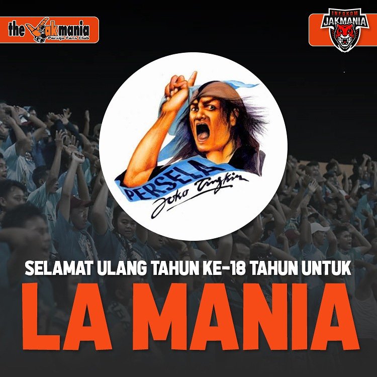InfokomJakmania's tweet photo. Selamat ulang tahun untuk LA Mania yang ke-18 tahun.
Semoga semakin militan dalam mendukung tim kebanggaannya, Persela Lamongan.

Salam hormat dan persaudaraan dari kami the Jakmania 🧡💙
#PersijaJakarta
#Jakmania
#LaMania https://t.co/jsmNYqErTU