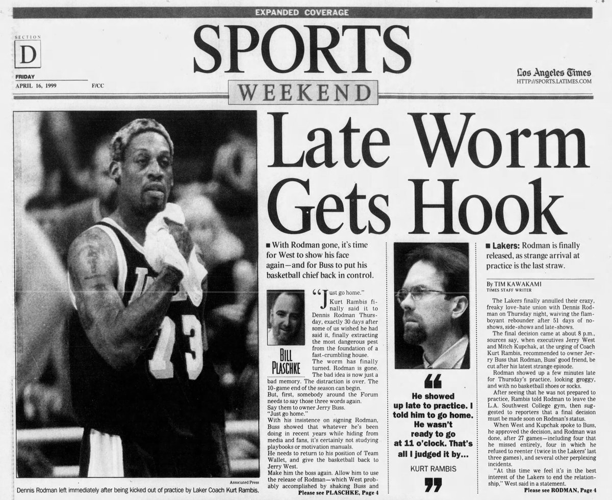 The honeymoon didn't last. Rodman became a Lakers starter in his 13th game, stated the next 11 games, and then was released before the playoffs after showing up to one practice "groggy" with no basketball shoes or socks.At age 37 he led the '99 Lakers with 11.2 RPG in 23 games.