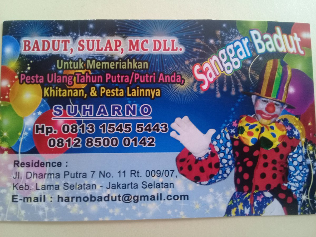 Harno Badut : menyewakan, Badut, Sulap, Mc, Dll. Untuk memeriahkan pesta Ulang Tahun/Khitanan Putra-putri anda. Hub: Suharno. Hp.081315455443, 081285000142.
