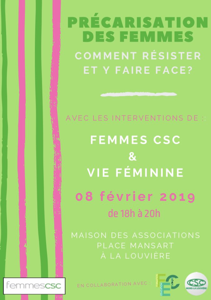 CSCMsll's tweet photo. Précarisation des #femmes : comment résister et y faire face? #CSC #08fevrier #LaCSC #Egalité #FemmesCSC #VieFéminine https://t.co/EqCPWpDRXx